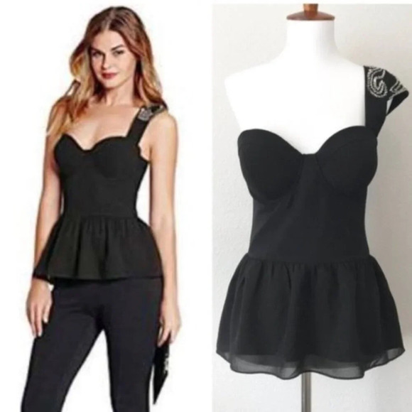 Guess Tops - Guess One Shoulder Black Beaded Corset Camisole Top